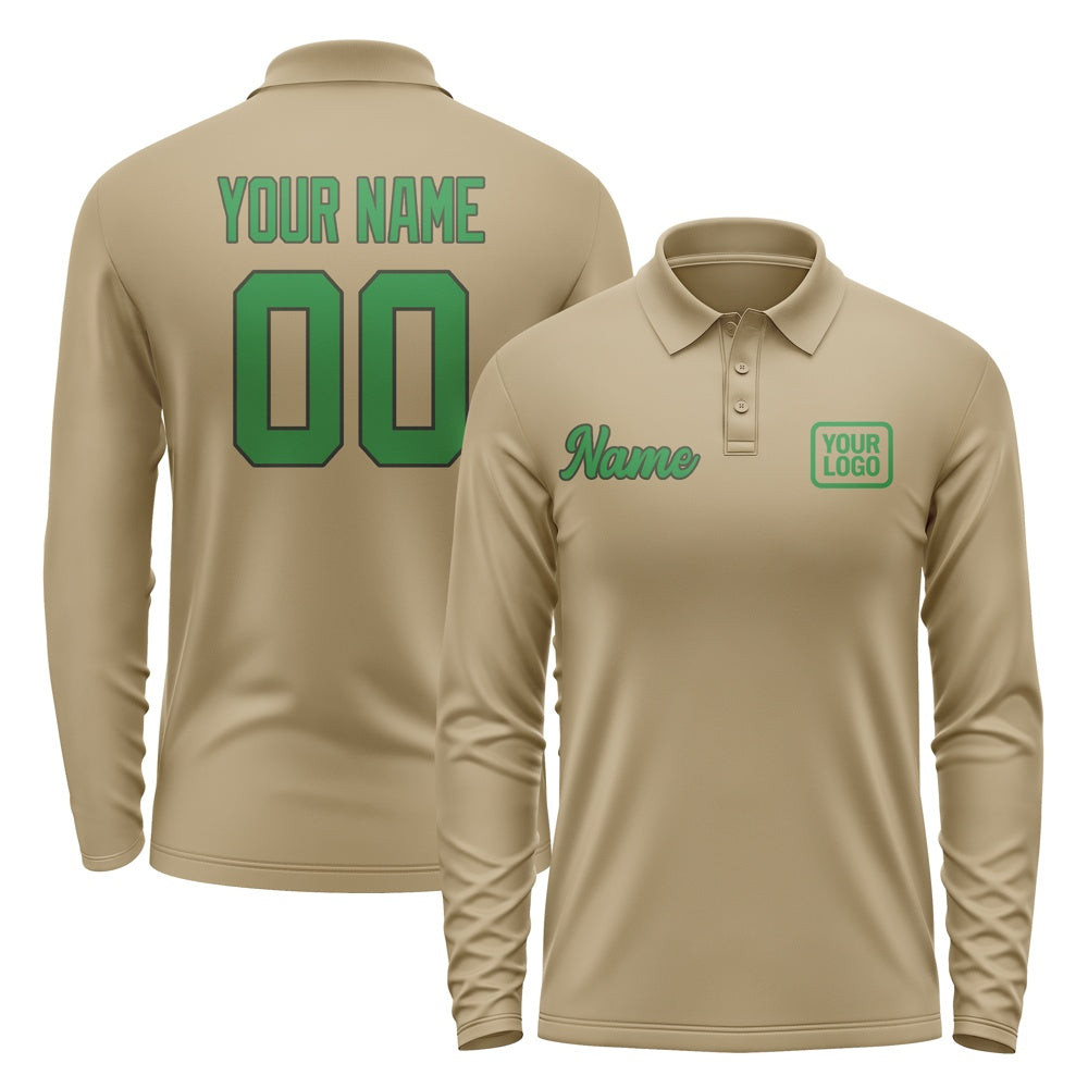 Custom Light Khaki Emerald Green Long Sleeve Polo Shirt