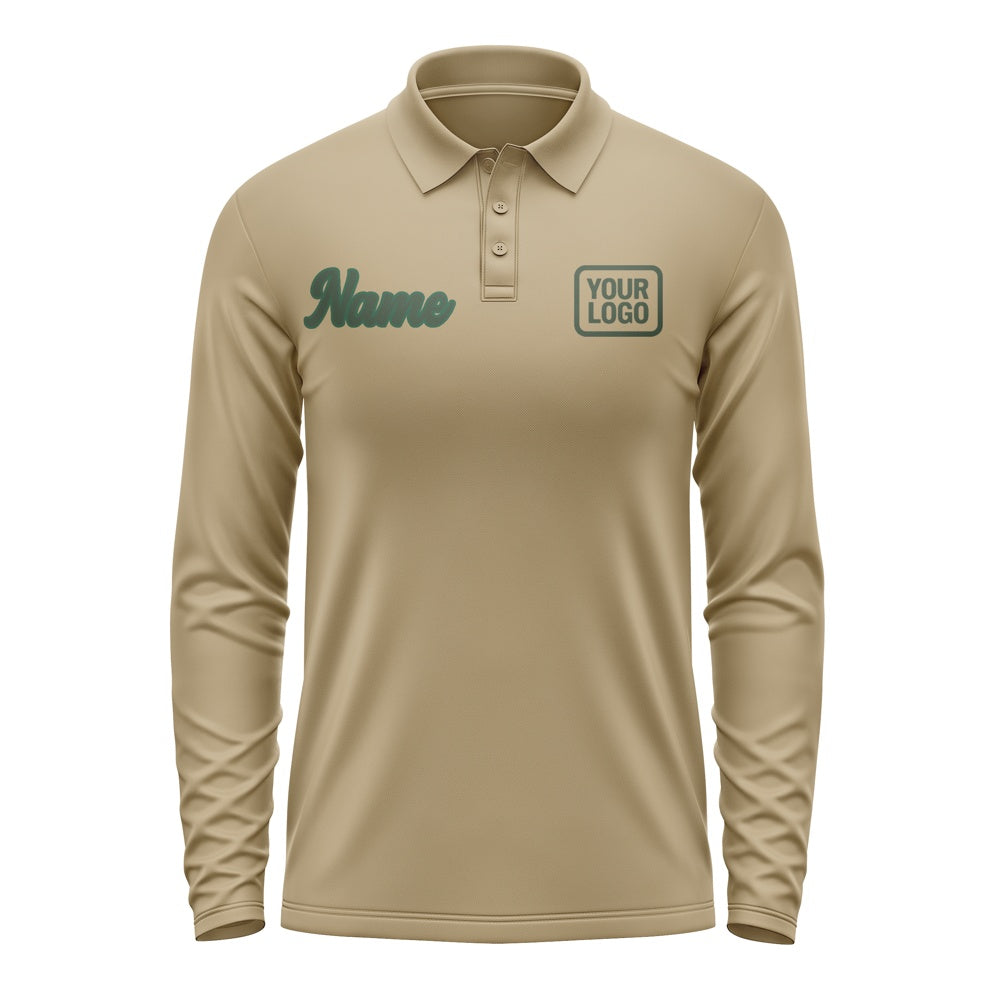 Custom Light Khaki Dark Green Long Sleeve Polo Shirt