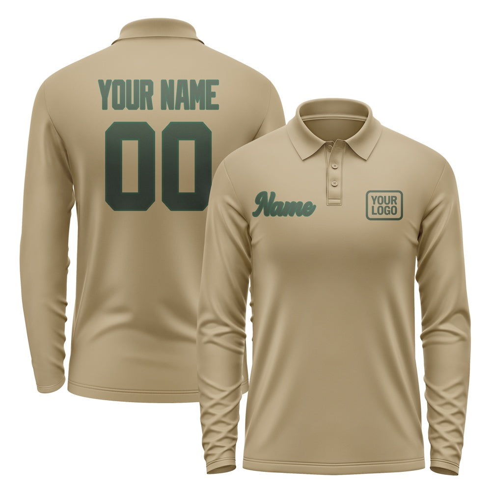 Custom Light Khaki Dark Green Long Sleeve Polo Shirt