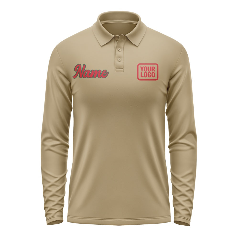 Custom Light Khaki Red Long Sleeve Polo Shirt
