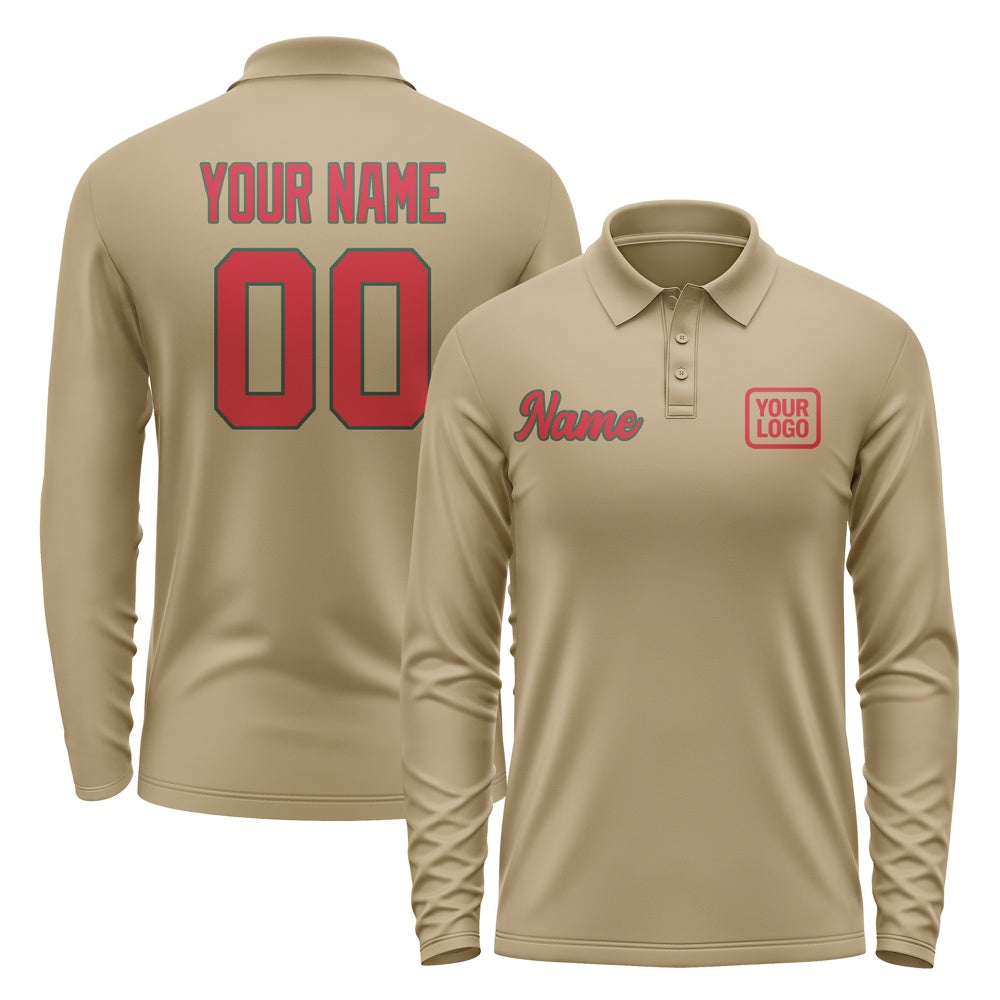 Custom Light Khaki Red Long Sleeve Polo Shirt