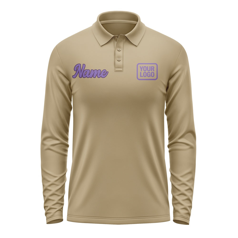 Custom Light Khaki Light Purple Long Sleeve Polo Shirt
