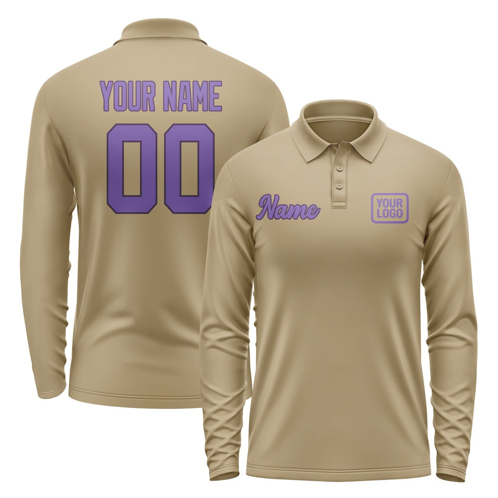 Custom Light Khaki Light Purple Long Sleeve Polo Shirt