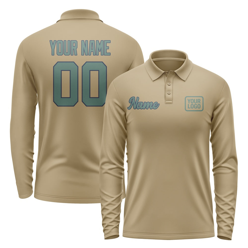 Custom Light Khaki Blue Green Long Sleeve Polo Shirt