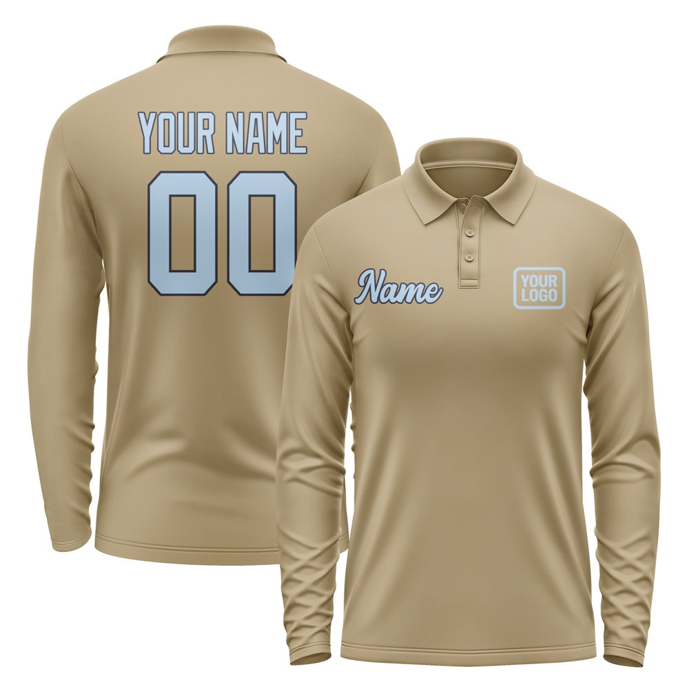 Custom Light Khaki Light Blue Long Sleeve Polo Shirt