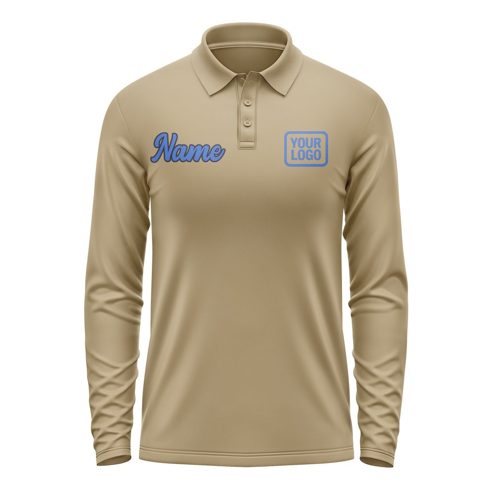 Custom Light Khaki Sky Blue Long Sleeve Polo Shirt