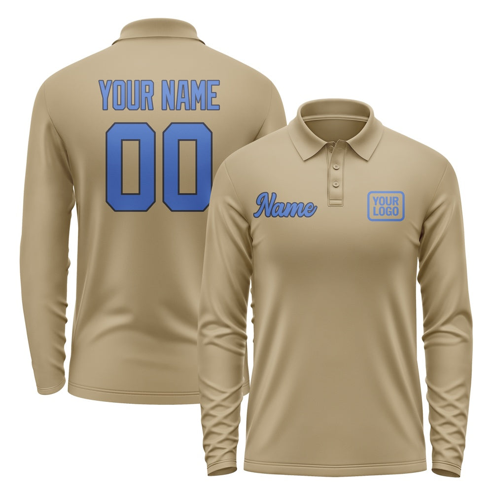 Custom Light Khaki Sky Blue Long Sleeve Polo Shirt