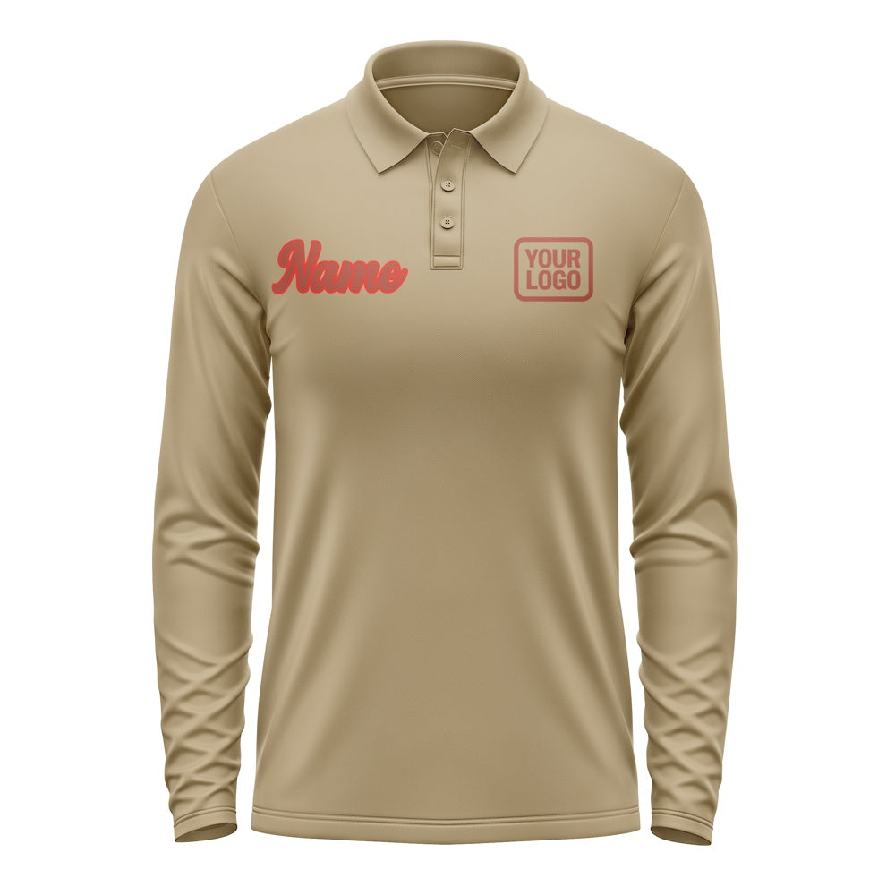 Custom Light Khaki Coral Red Long Sleeve Polo Shirt