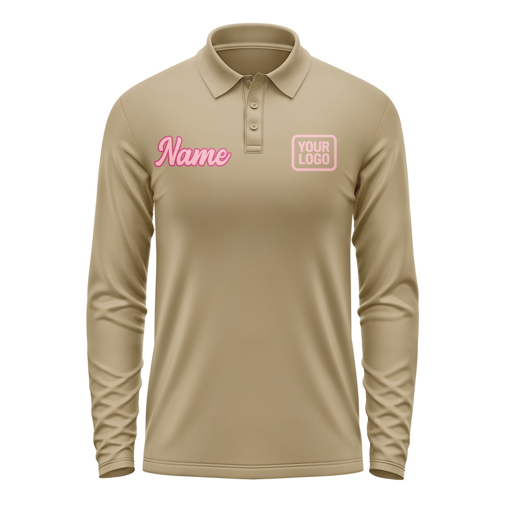 Custom Light Khaki Light Pink Long Sleeve Polo Shirt