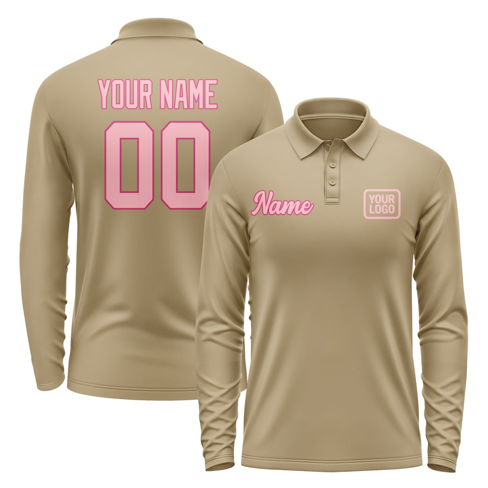 Custom Light Khaki Light Pink Long Sleeve Polo Shirt