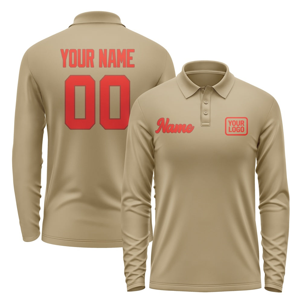 Custom Light Khaki Orange Red Long Sleeve Polo Shirt