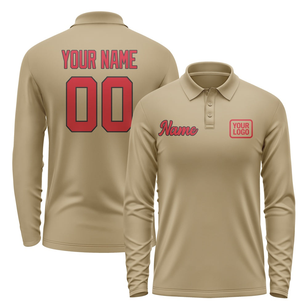 Custom Light Khaki Red Long Sleeve Polo Shirt