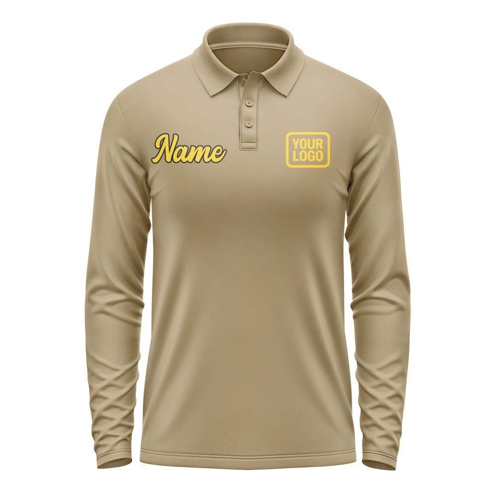 Custom Light Khaki Gold Long Sleeve Polo Shirt