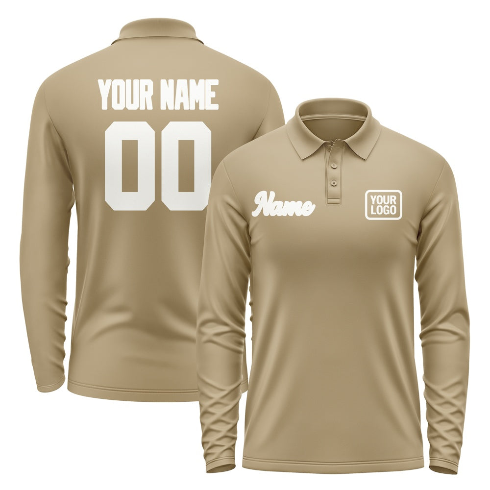 Custom Light Khaki White Long Sleeve Polo Shirt