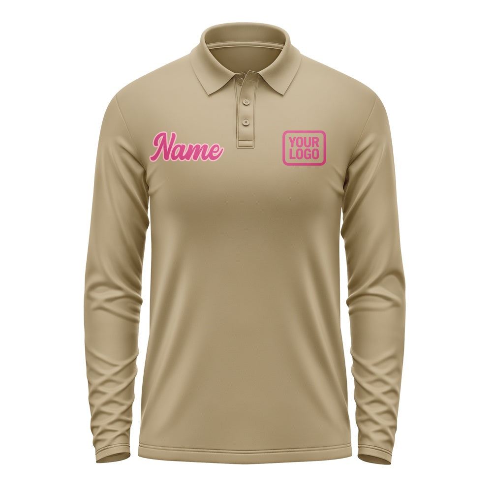 Custom Light Khaki Pink Long Sleeve Polo Shirt
