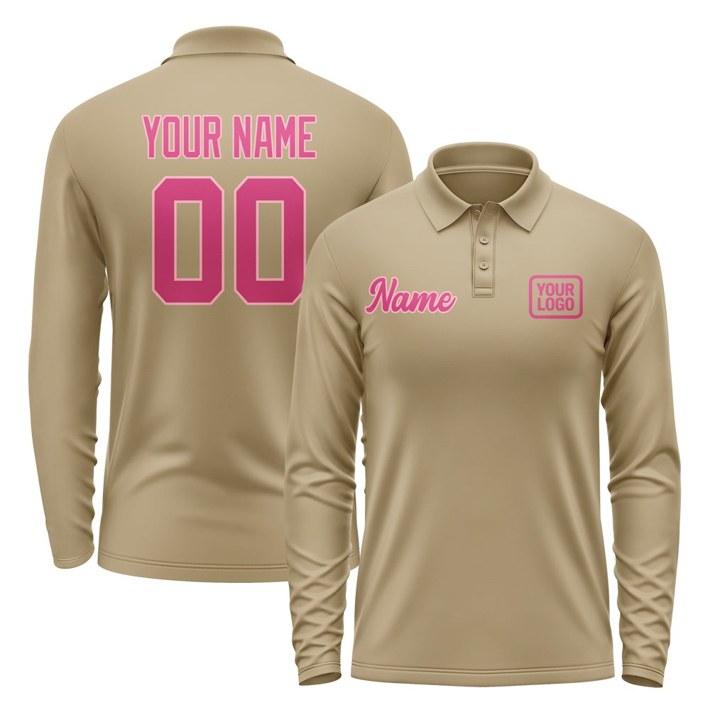 Custom Light Khaki Pink Long Sleeve Polo Shirt