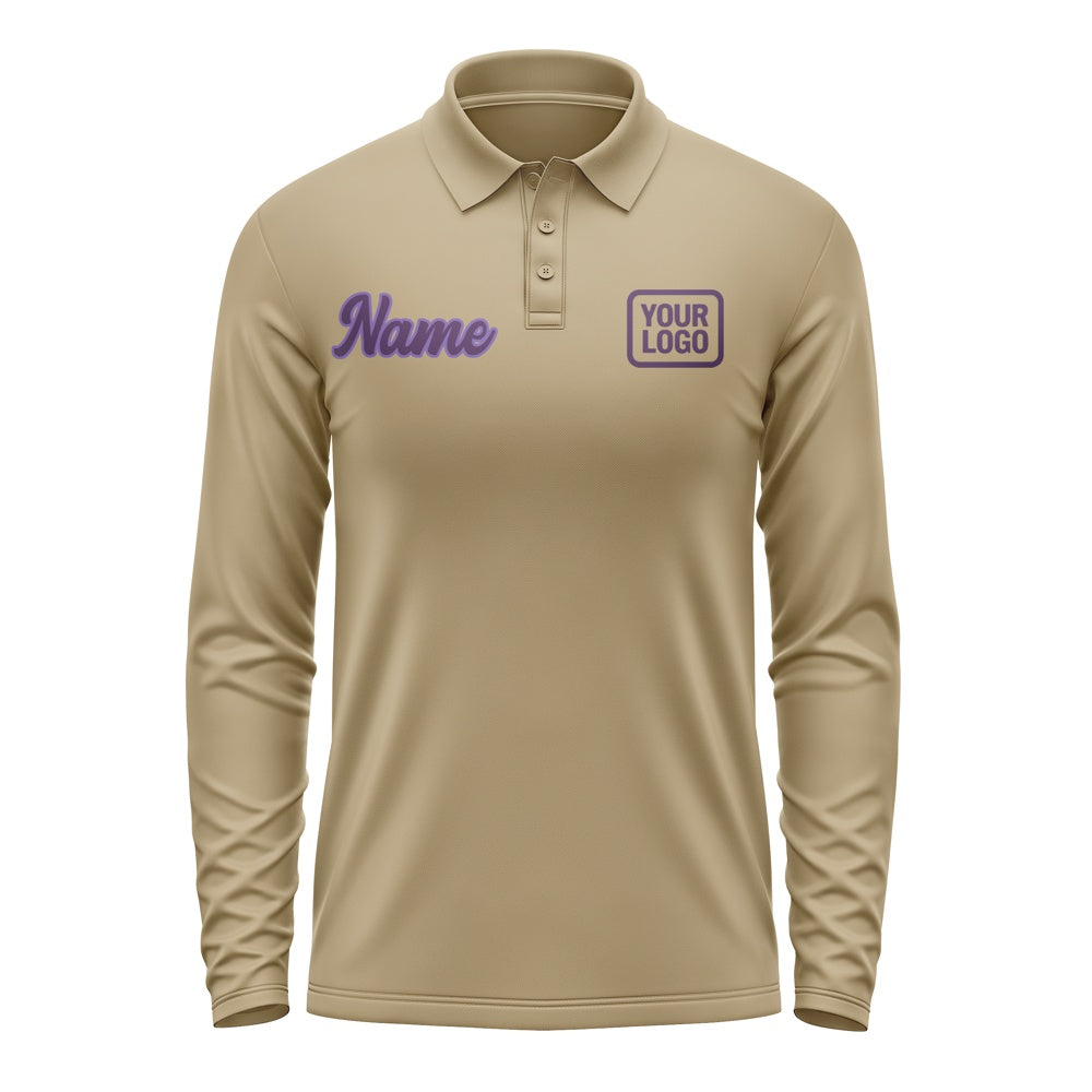 Custom Light Khaki Purple Long Sleeve Polo Shirt