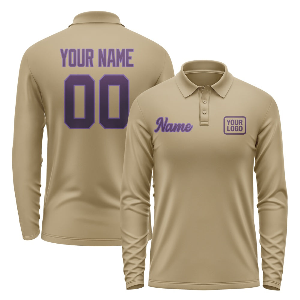 Custom Light Khaki Purple Long Sleeve Polo Shirt