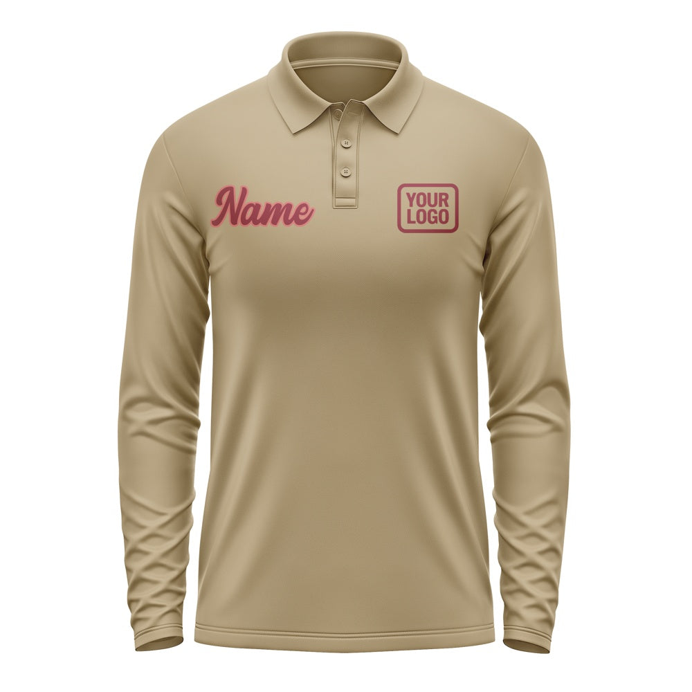 Custom Light Khaki Crimson Red Long Sleeve Polo Shirt