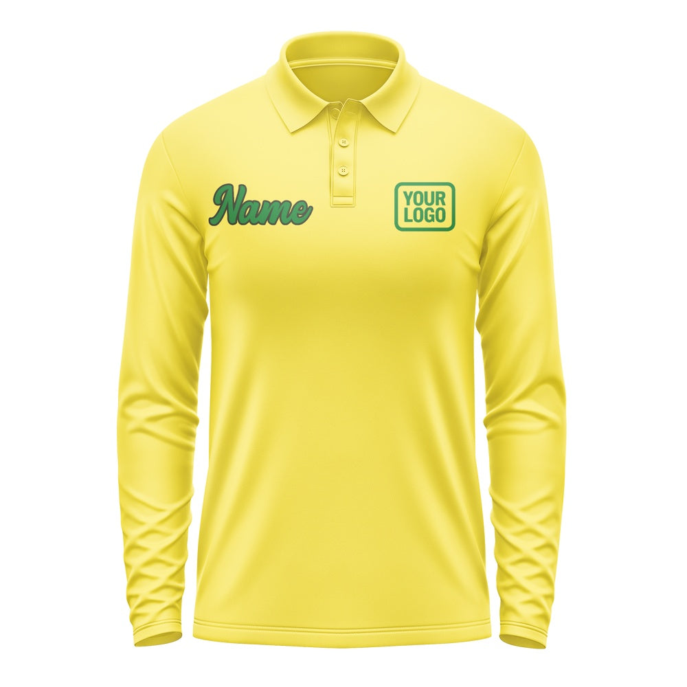 Custom Light Yellow Emerald Green Long Sleeve Polo Shirt