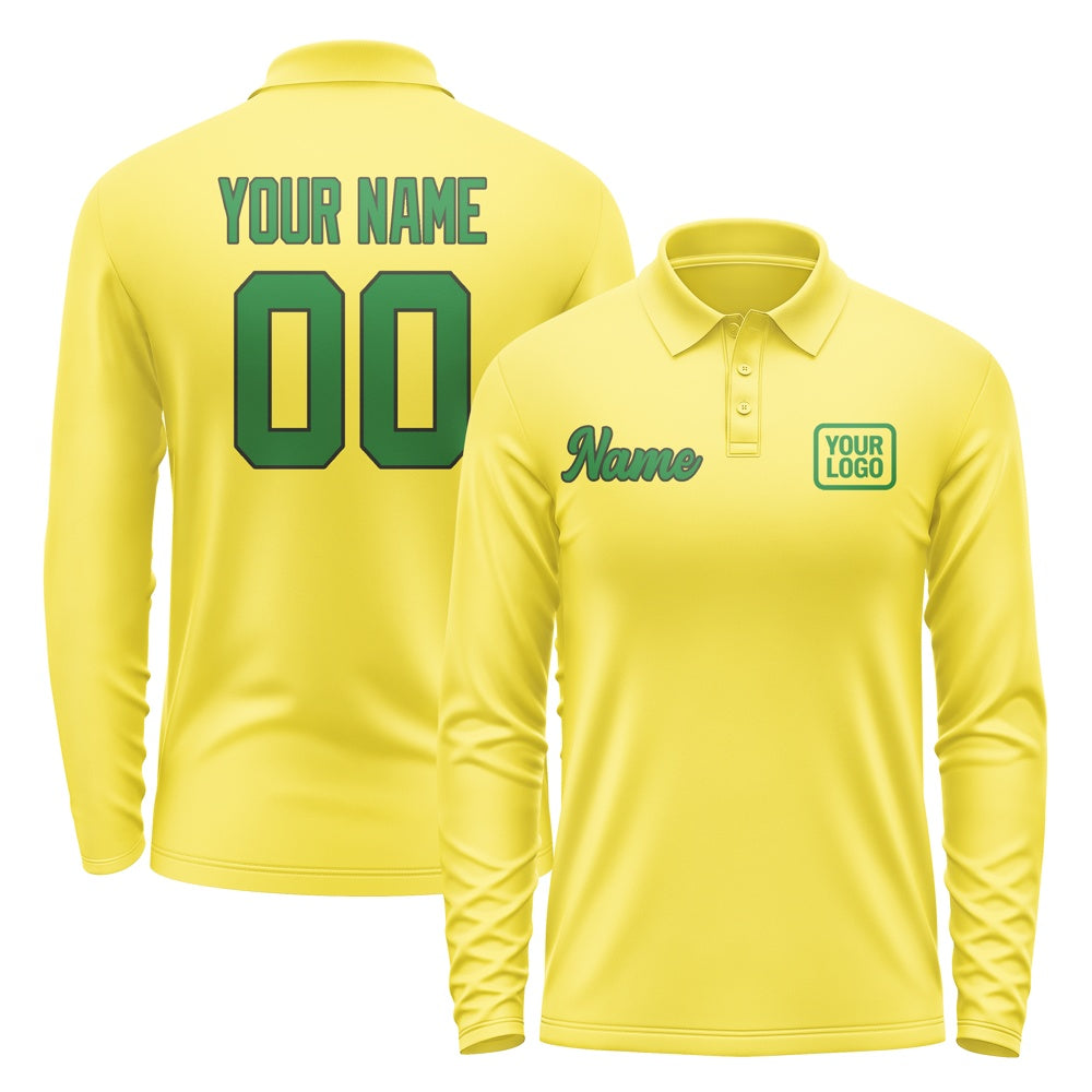 Custom Light Yellow Emerald Green Long Sleeve Polo Shirt
