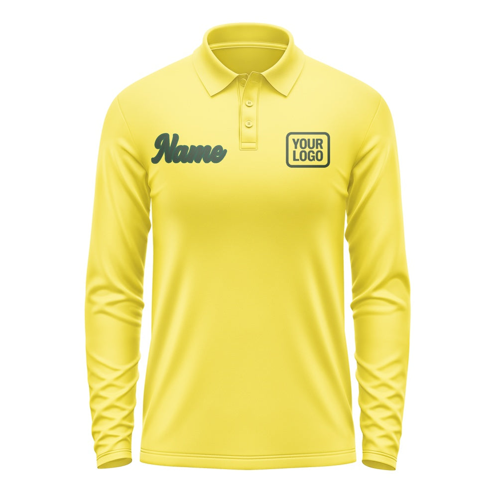 Custom Light Yellow Dark Green Long Sleeve Polo Shirt