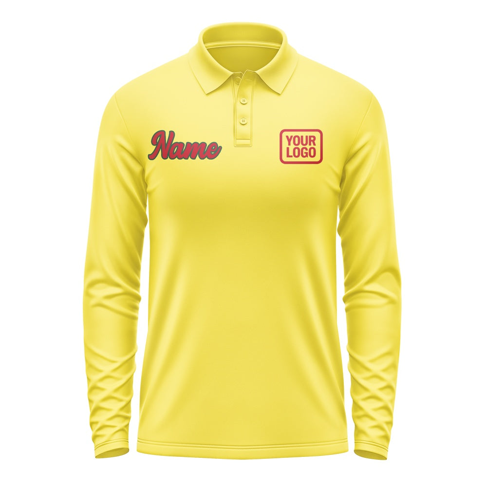 Custom Light Yellow Red Long Sleeve Polo Shirt
