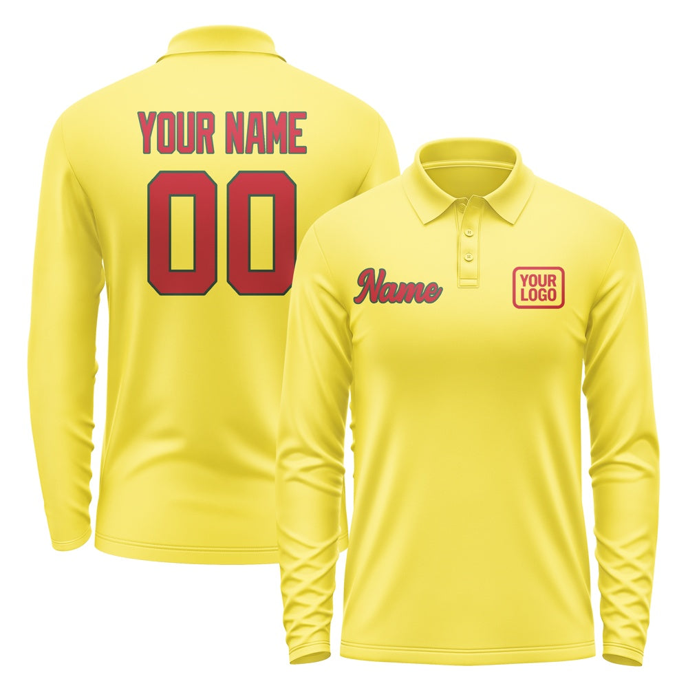 Custom Light Yellow Red Long Sleeve Polo Shirt