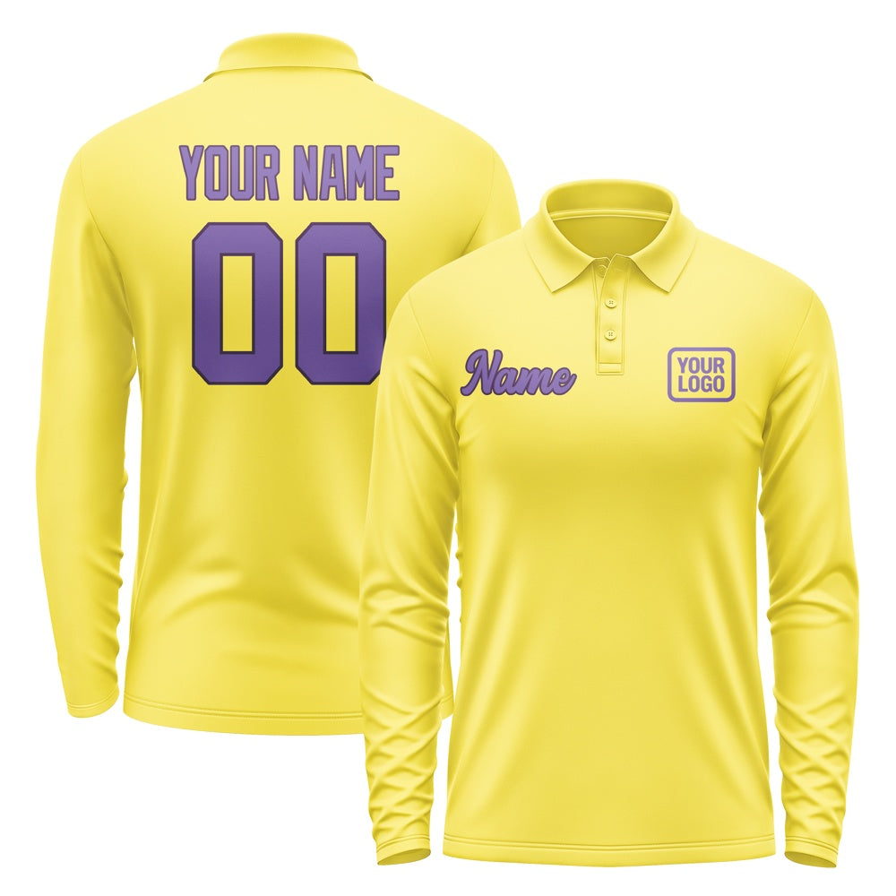 Custom Light Yellow Light Purple Long Sleeve Polo Shirt