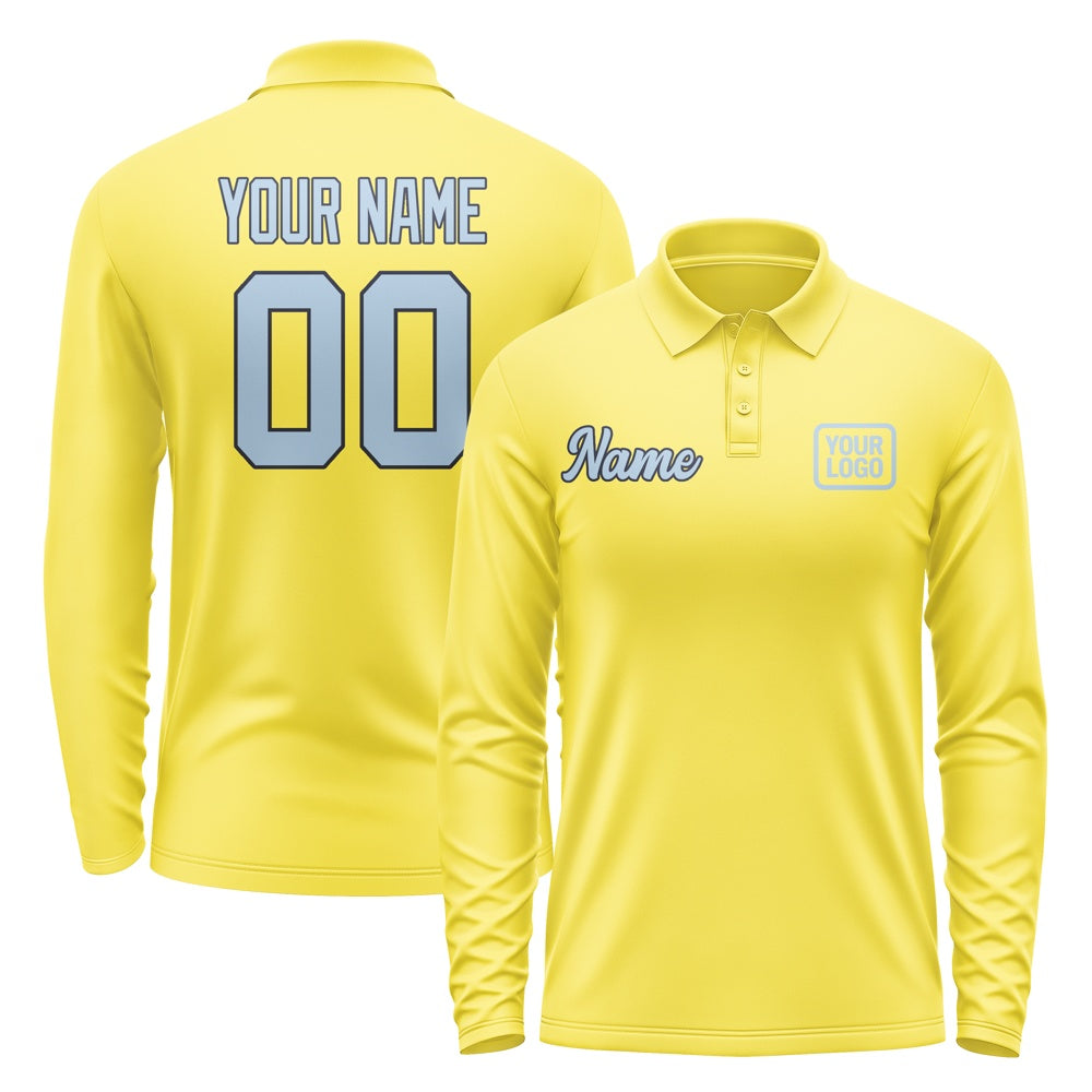 Custom Light Yellow Light Blue Long Sleeve Polo Shirt