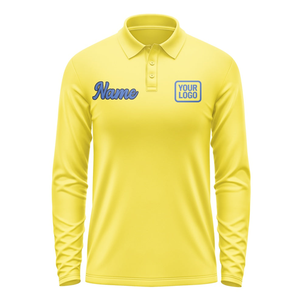 Custom Light Yellow Sky Blue Long Sleeve Polo Shirt