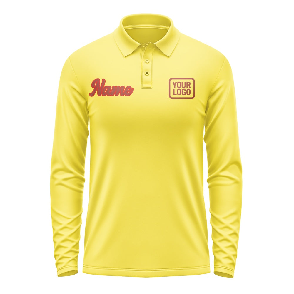 Custom Light Yellow Coral Red Long Sleeve Polo Shirt