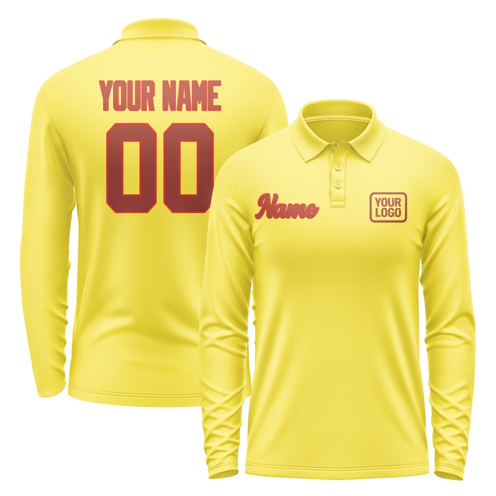 Custom Light Yellow Coral Red Long Sleeve Polo Shirt