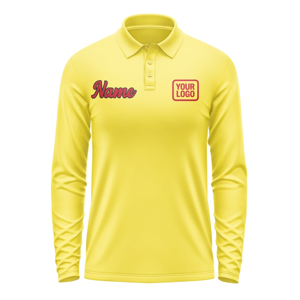 Custom Light Yellow Red Long Sleeve Polo Shirt