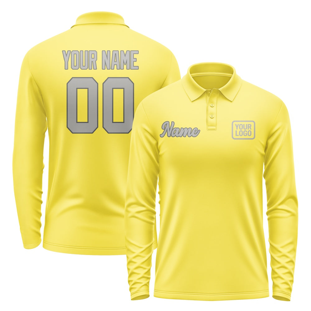 Custom Light Yellow Gray Long Sleeve Polo Shirt