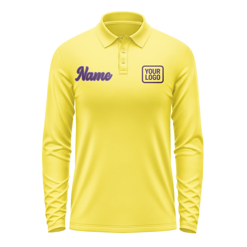Custom Light Yellow Purple Long Sleeve Polo Shirt