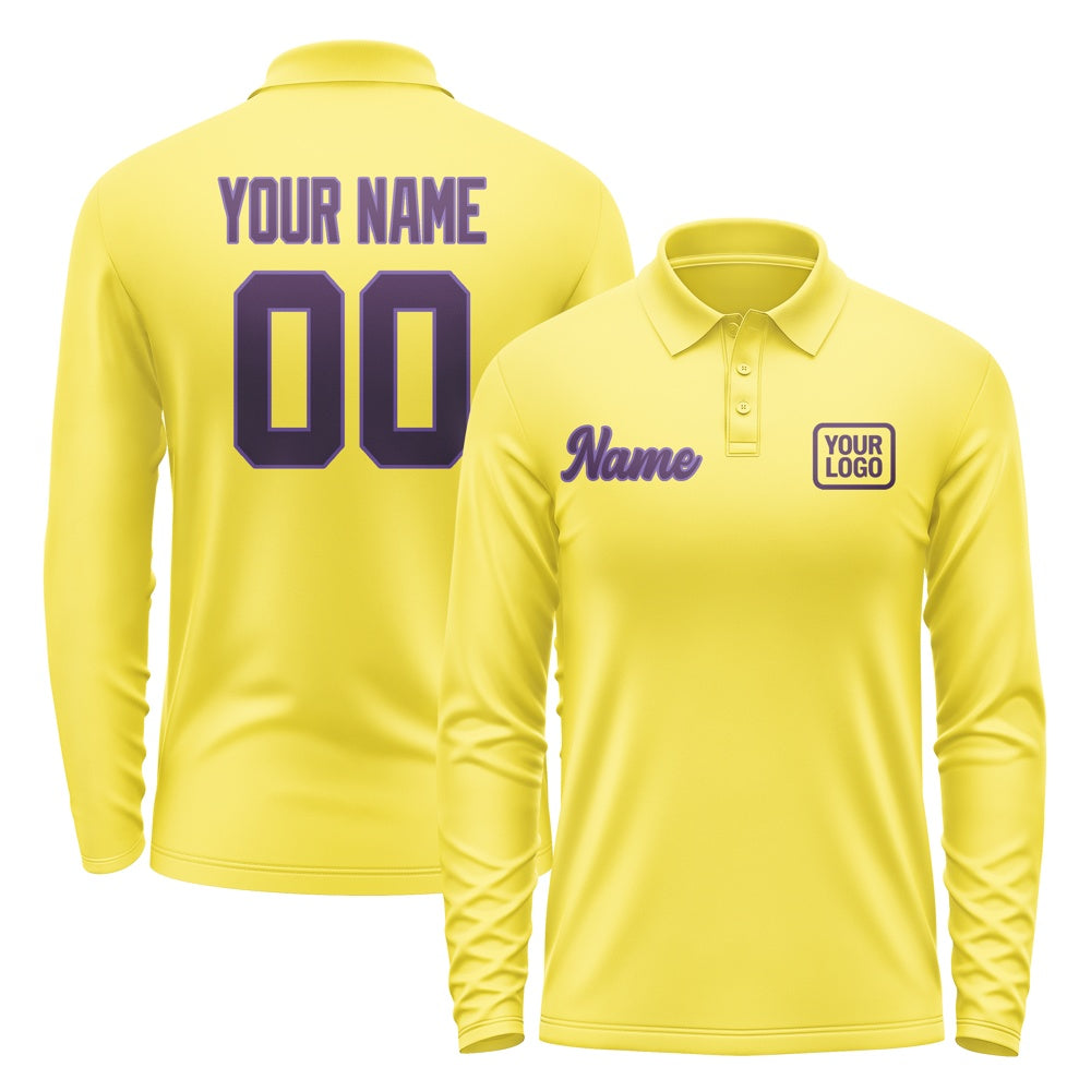 Custom Light Yellow Purple Long Sleeve Polo Shirt
