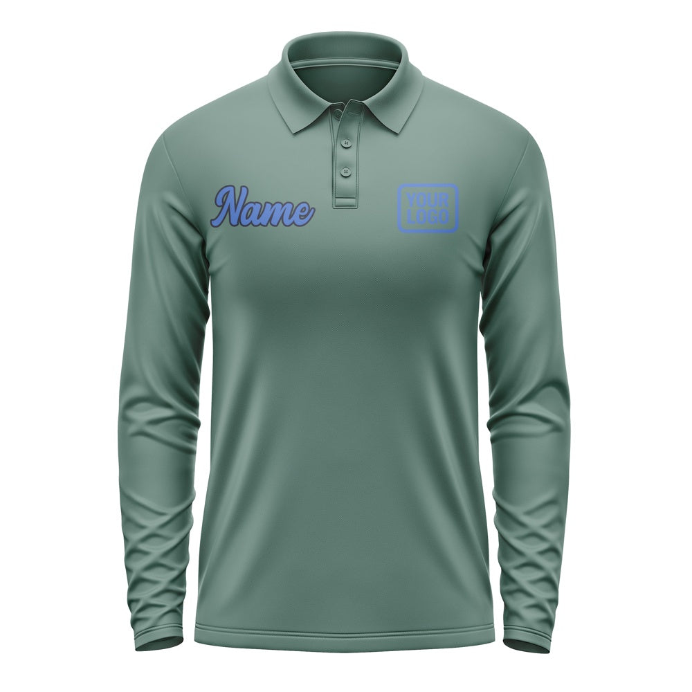 Custom Blue Green Sky Blue Long Sleeve Polo Shirt