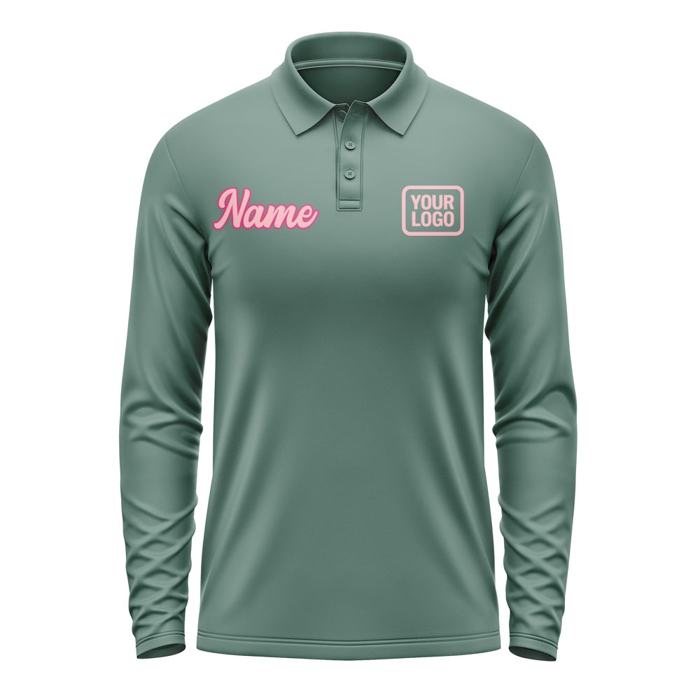 Custom Blue Green Light Pink Long Sleeve Polo Shirt