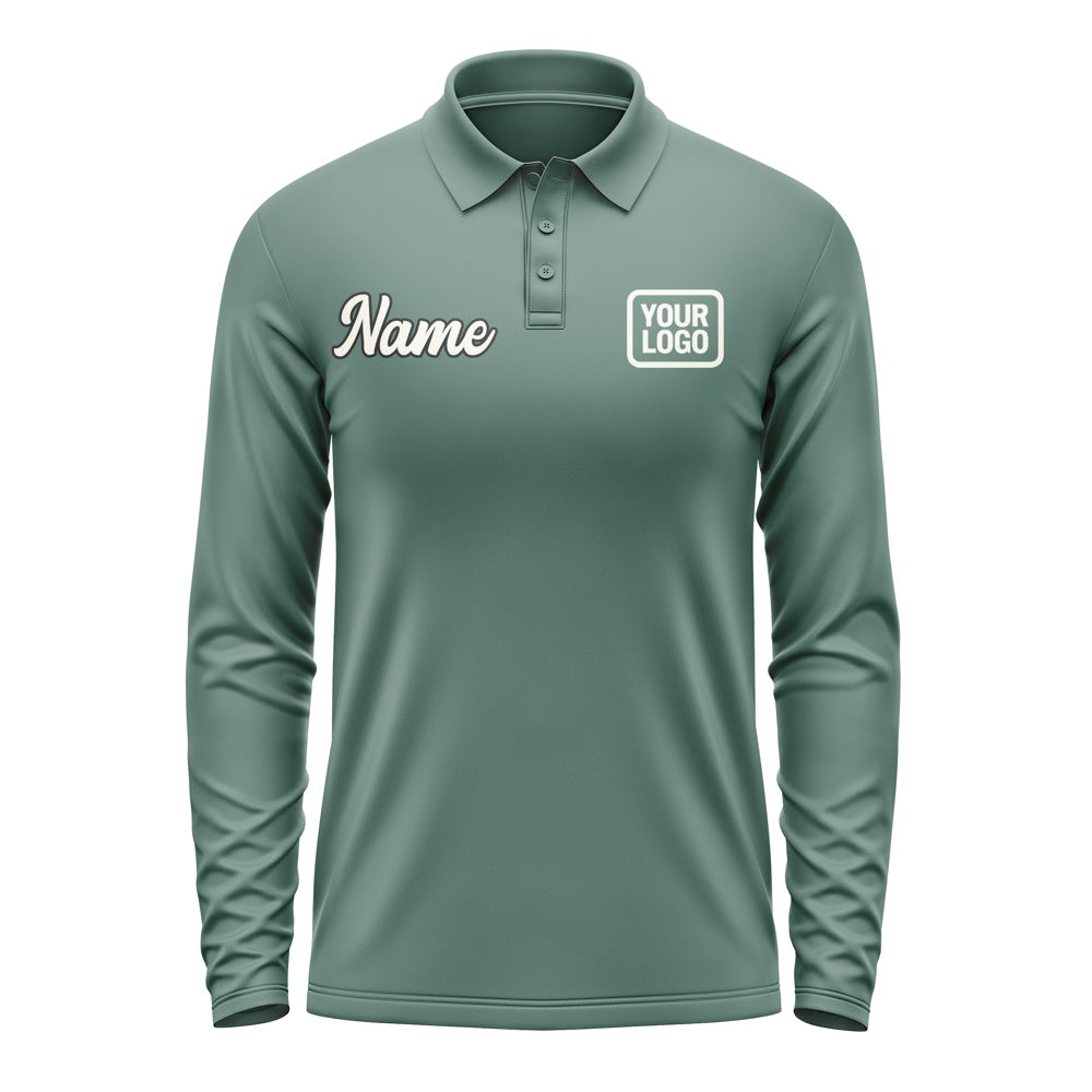 Custom Blue Green Cream Long Sleeve Polo Shirt