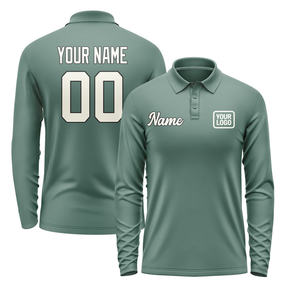 Custom Blue Green Cream Long Sleeve Polo Shirt