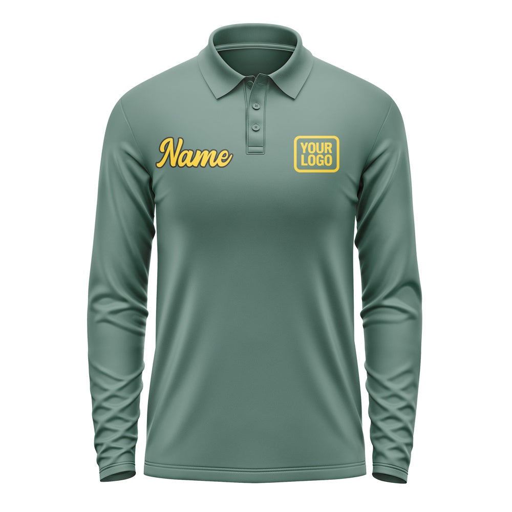 Custom Blue Green Gold Long Sleeve Polo Shirt