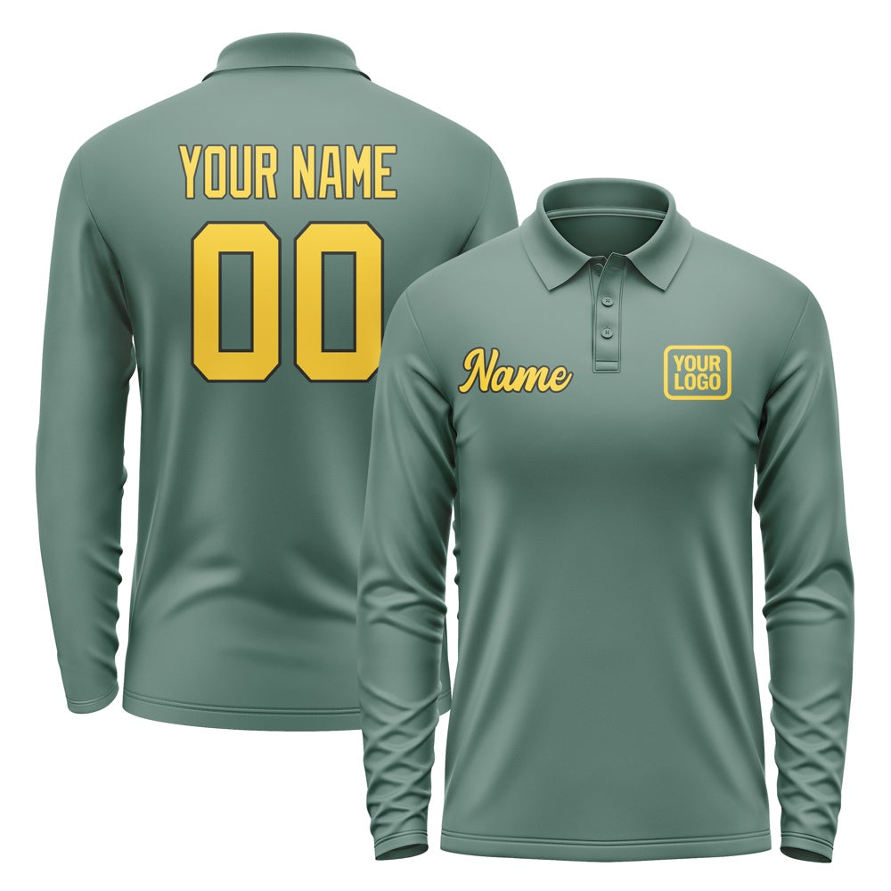 Custom Blue Green Gold Long Sleeve Polo Shirt