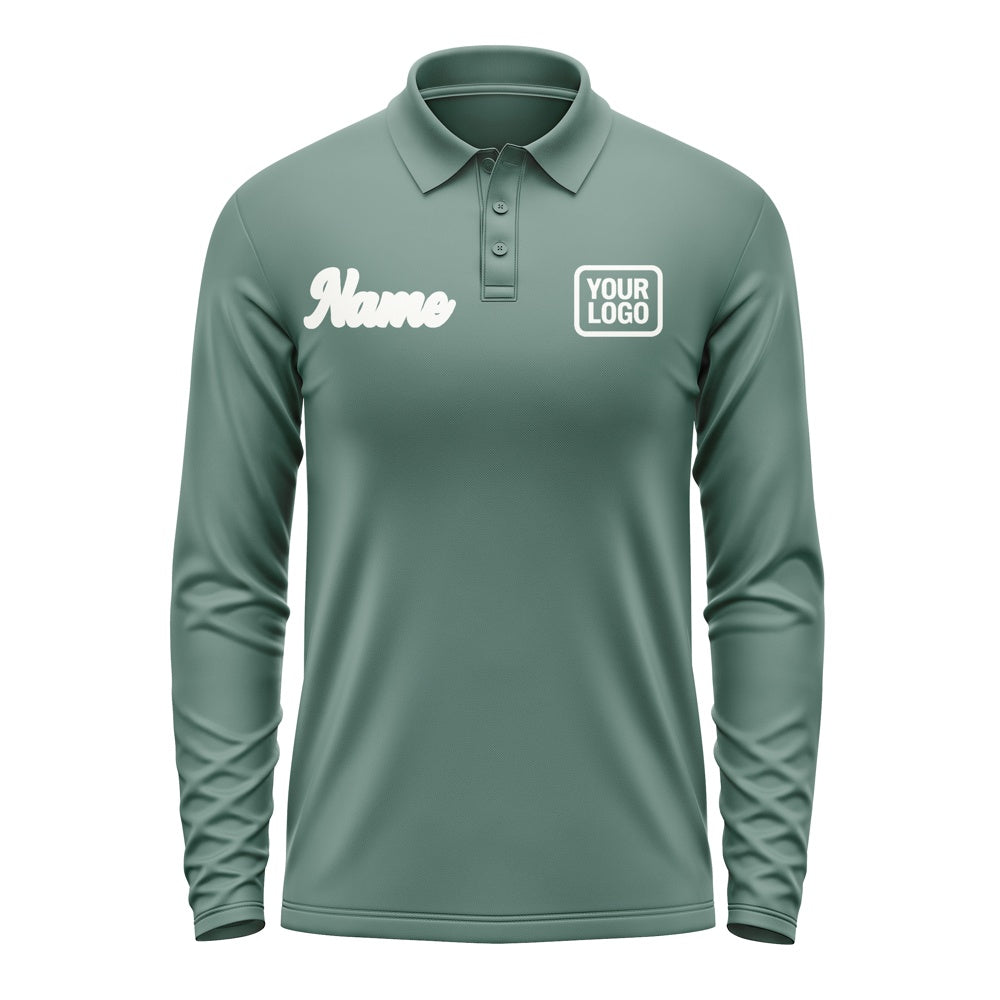 Custom Blue Green White Long Sleeve Polo Shirt