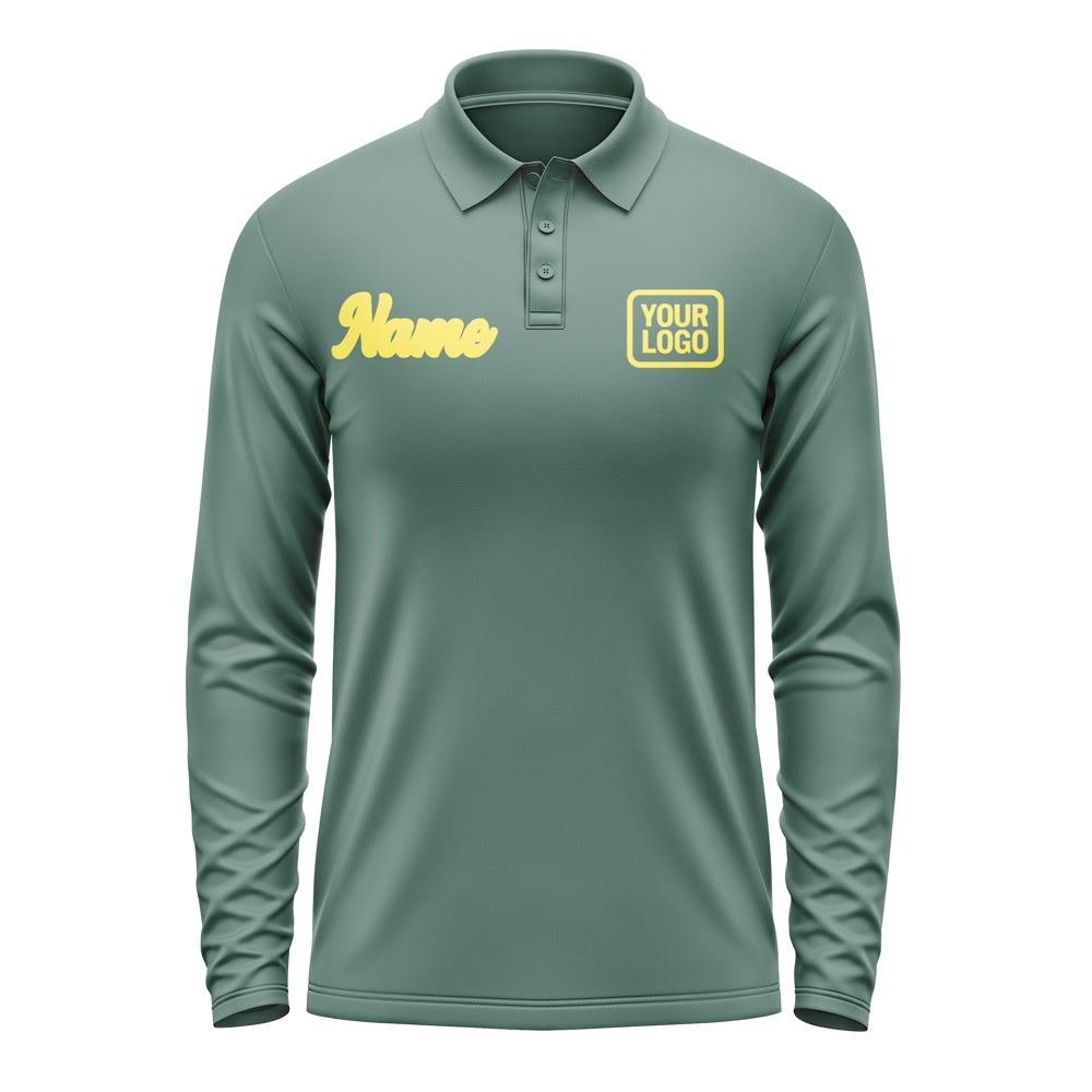 Custom Blue Green Light Yellow Long Sleeve Polo Shirt