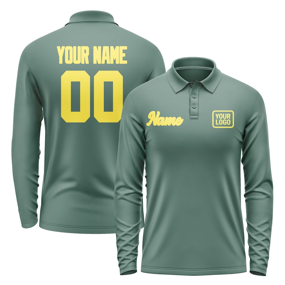 Custom Blue Green Light Yellow Long Sleeve Polo Shirt