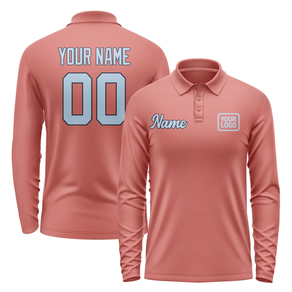 Custom Copper Rose Light Blue Long Sleeve Polo Shirt