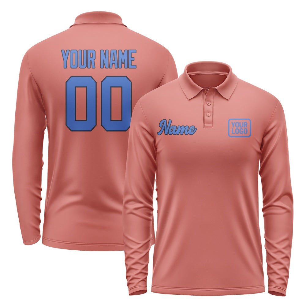 Custom Copper Rose Sky Blue Long Sleeve Polo Shirt