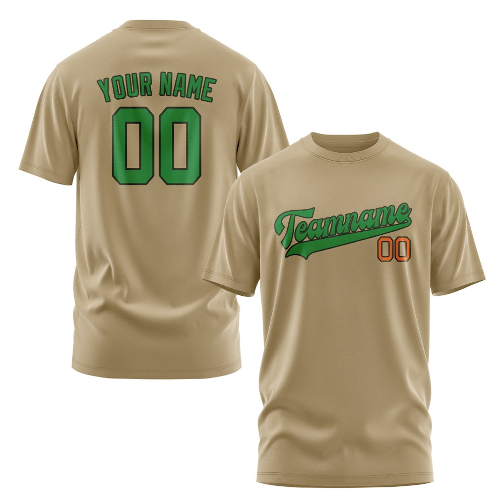 Custom Light Khaki Emerald Green T-Shirt