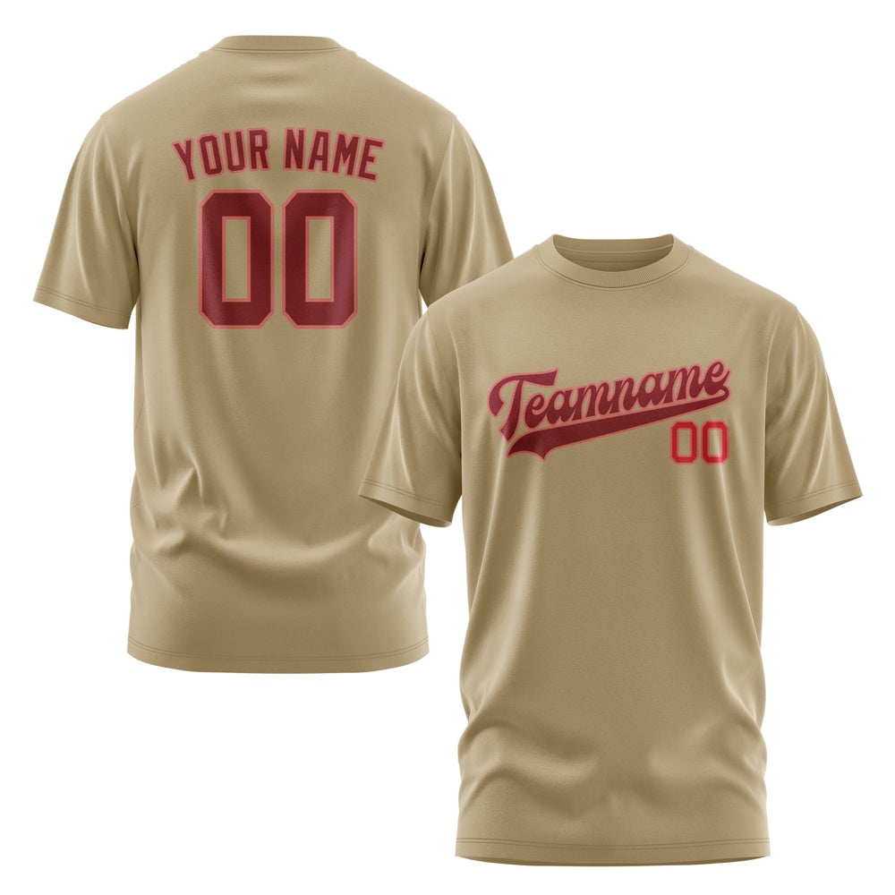 Custom Light Khaki Crimson Red T-Shirt